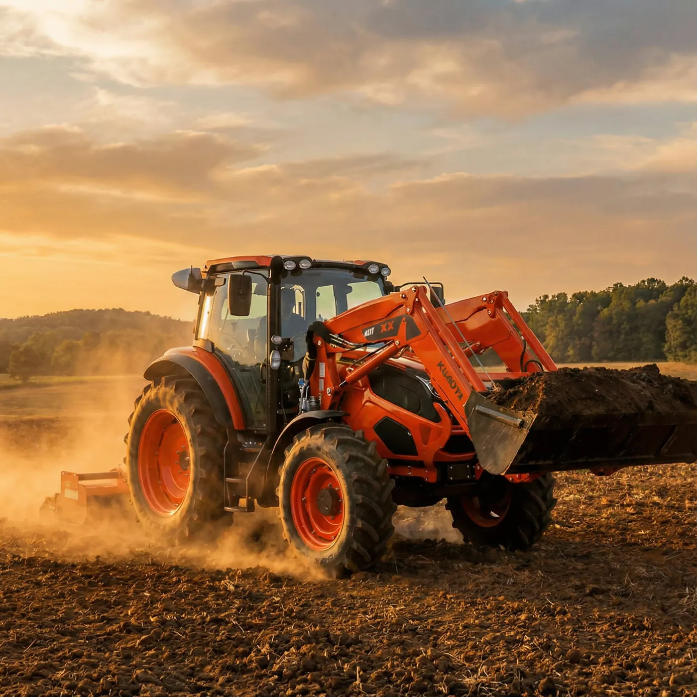 Orange Kioti tractor with a front loader working a field at golden hour