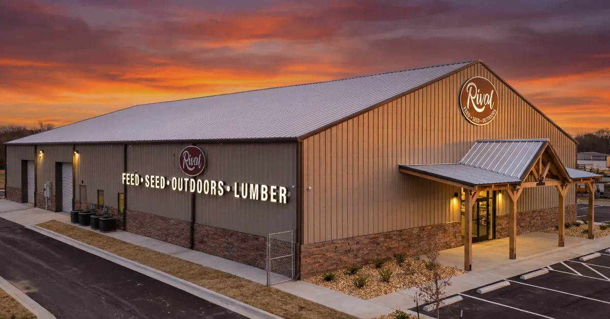 Rival Feed & Seed storefront in Muscle Shoals at sunset